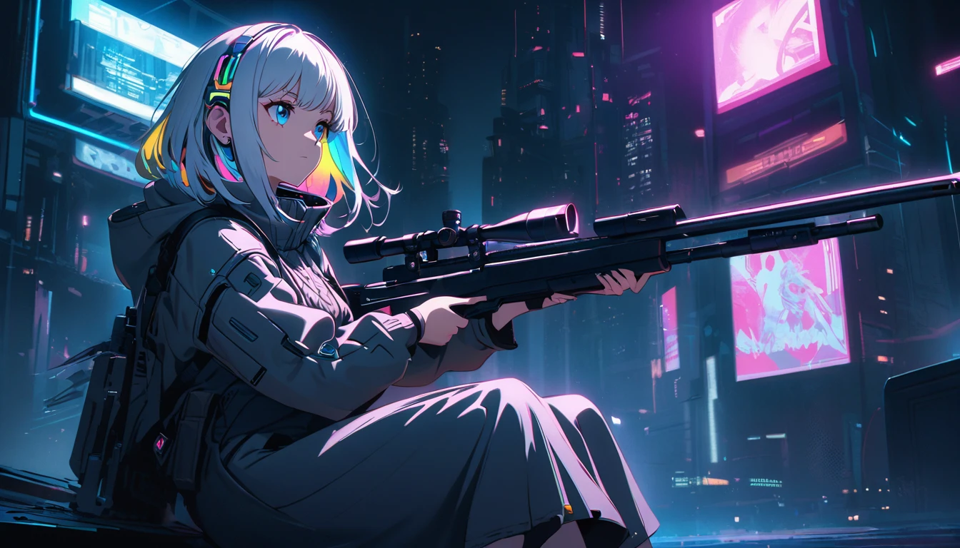 Handsome cute, Solitary, 1 female, Medium Length Hair, white hair, Rainbow hair, blue Eyes, Rainbow headphone, knit dress, Futuristic, Cyberpunk, Cybernetics panoramic, in the night, looking away, Sitting, holding weapon, sniper rifle,