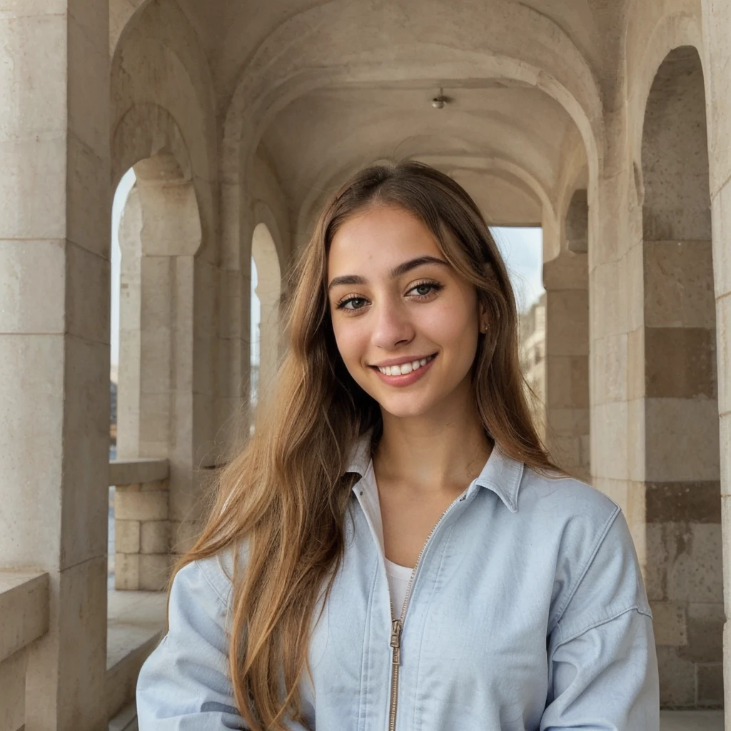 one cute women, 22YO, white, Arab, cute face, realistic brown eyes, blue jacket, blonde/brown hair, cute smile, skinny face, white realistic teethes, big eyes, long hair, no hands