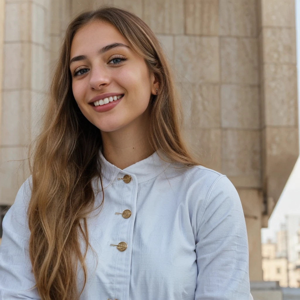 one cute women, 22YO, white, Arab, cute face, realistic brown eyes, blue jacket, blonde/brown hair, cute smile, skinny face, white realistic teethes, big eyes, long hair, no hands