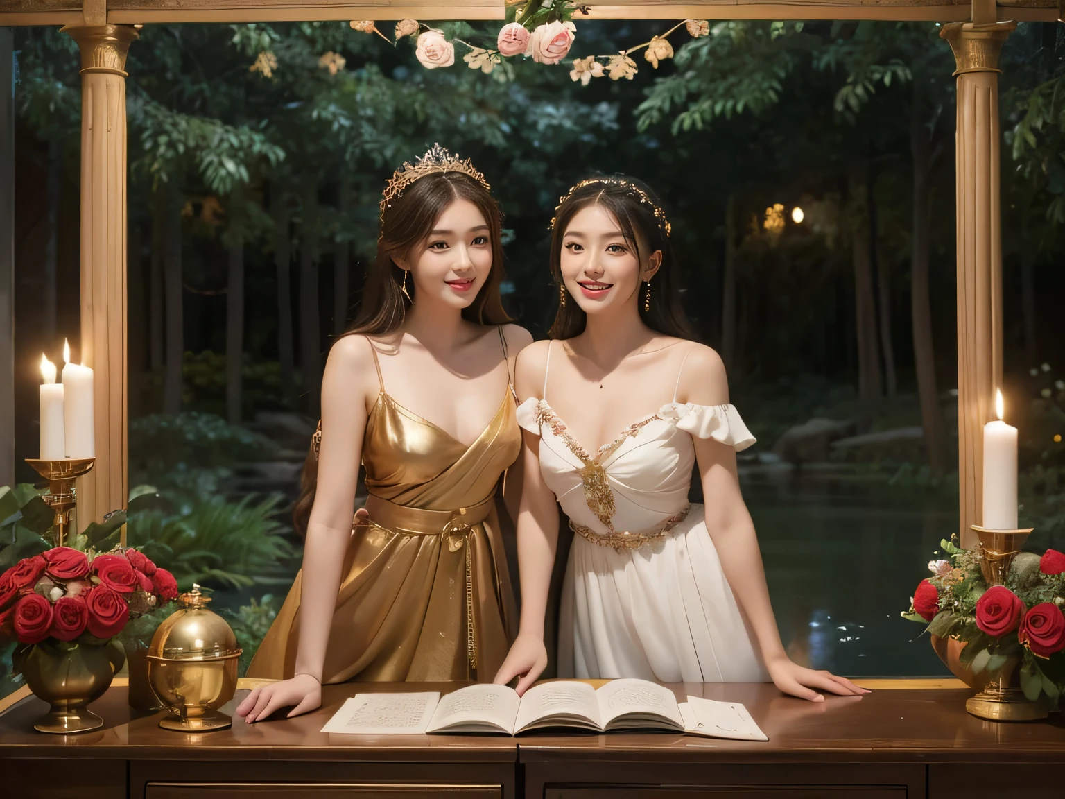 Giorgione painting style,Arguments of two female Philosophe,math、astronomical machine、astronaut、roses in vase、fruits、Cute trinkets、smile、ancient greek costume、Background is a forest lake at night 、Clothes that stretch your shoulders、A big smile、beautiful bare skin、A detailed representation of the seducing woman throughout her body.
