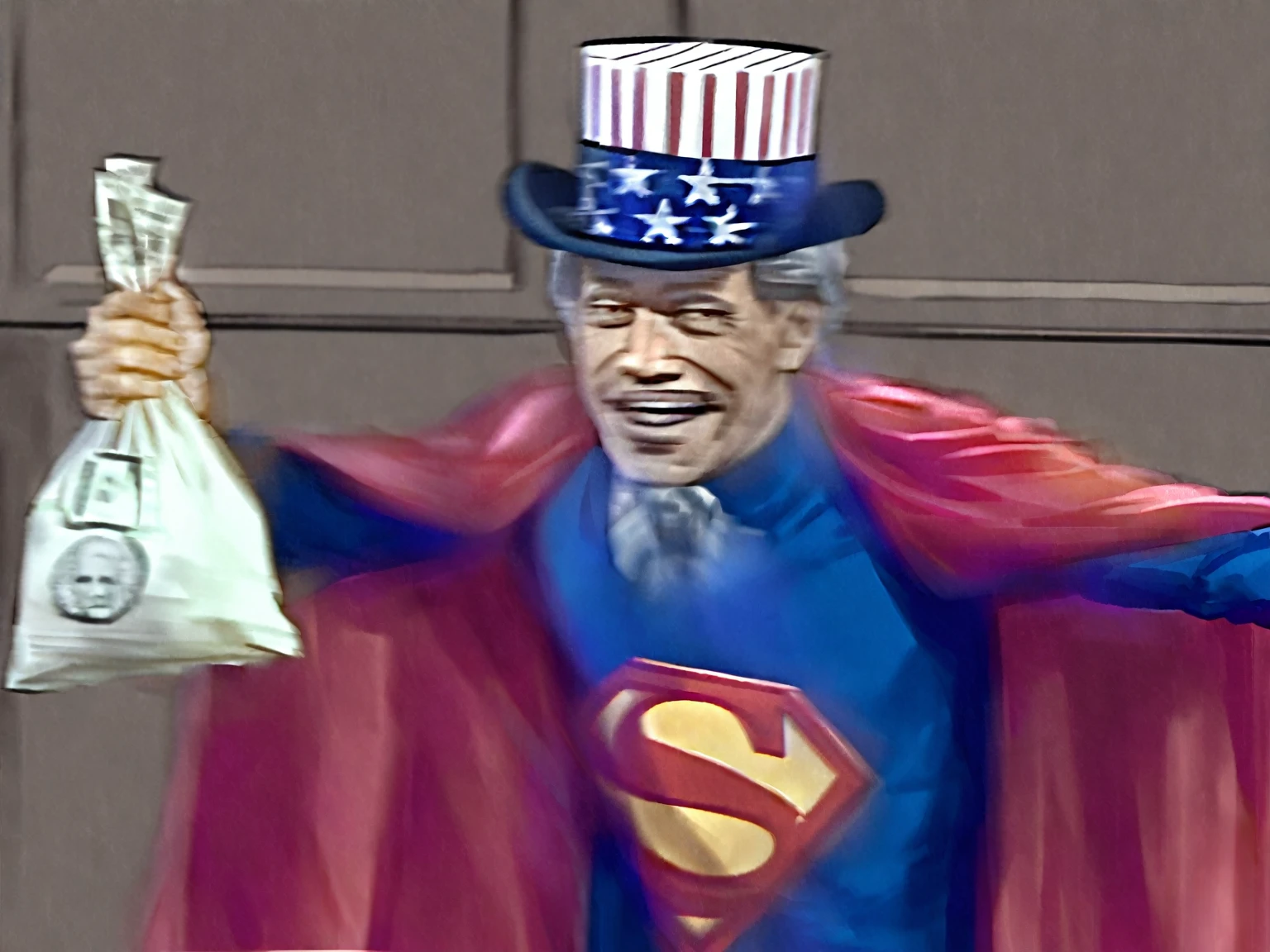 arafed man dressed as a superman holding a bag of money, uncle sam, joe biden as superman, his cape is the american flag, donald trump as superman, sealed super joe biden, bob ross as superman, obama as the joker, obama as batman, capitalist clown, stalin as superman, joe biden as the joker, puerto rican super hero