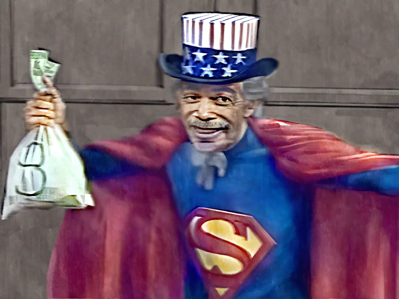 arafed man dressed as a superman holding a bag of money, uncle sam, joe biden as superman, his cape is the american flag, donald trump as superman, sealed super joe biden, bob ross as superman, obama as the joker, obama as batman, capitalist clown, stalin as superman, joe biden as the joker, puerto rican super hero