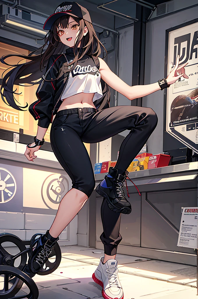 1girl, (Angle from below)、((On the balcony)), The girl bends forward to show off her breasts、legs apart, (Blonde), (Tanned shiny black skin:1.4)、Glowing Eyes, ((evil grin)), (5 years old girl), Multicolored Hair、Cap, pink rip, ((((Long sleeveless shirt)), Black Bra、Wide Cargo Pants、((Panties with horizontal stripes)), (small breasts), (jewelry))), foot on penis, (close up penis), ((I'm wearing sneakers)), 1boy, penis, ((eject cum:1.6)), (footjob),