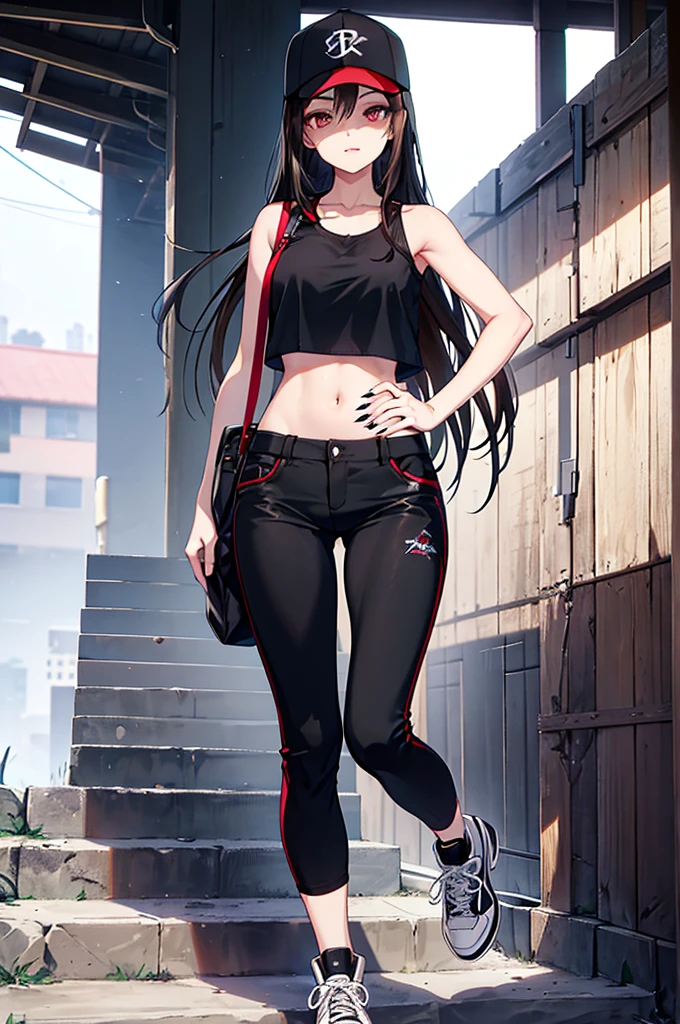 a young woman with short blackish-brown hair and golden eyes with black irises. She has a muscular but slim build, fang-like front teeth, and black-painted talons similar to those of a vampire. For clothing, she wears her signature baseball cap along with a plethora of different modern outfits and casual outfits like black colored cropped pants, sleeveless shirt and short boots or sneakers.