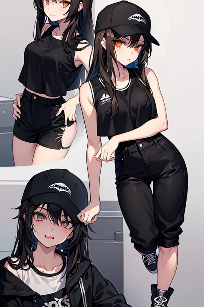 a young woman with short blackish-brown hair and golden eyes with black irises. She has a muscular but slim build, fang-like front teeth, and black-painted talons similar to those of a vampire. For clothing, she wears her signature baseball cap along with a plethora of different modern outfits and casual outfits like black colored cropped pants, sleeveless shirt and short boots or sneakers.