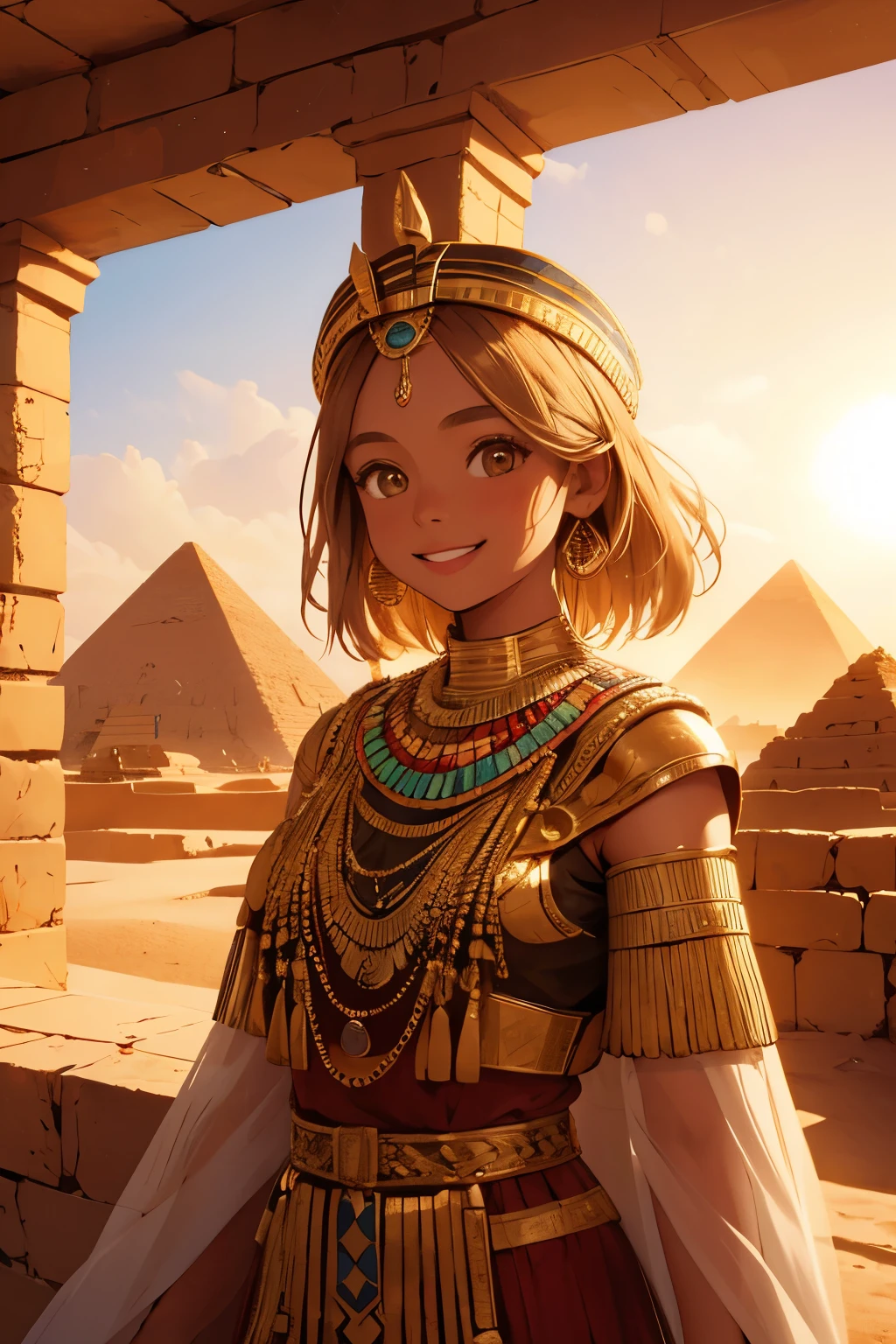 a young girl visiting the egyptian pyramids, smiling, adventurous style, energetic, highly detailed, photorealistic, 8k, hyperrealistic, extremely detailed, cinematic lighting, warm color tones, dramatic shadows, ornate jewelry, intricate clothing details, confident pose, dynamic composition, golden hour lighting, volumetric fog, atmospheric haze