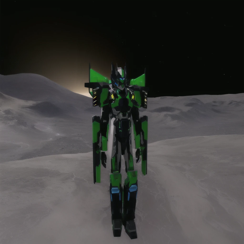 a black colored male transformer with green inserts, symmetrically arranged green parts, on the frontof the body not transparent cabin, on the back - aircraft's wings, arms from elbows to hands look like the front part of a aircraft, wheels are visible on the shoulders, on the legs from knees to the ankle there are aircraft's repulsors and small aircraft's tail wings, no helmet, light blue eyes, two legs, two arms, not a suit, on a background there is an empty dark blue metal desert, no buildings, no structures, dark blue storm clouds, light blue lightning from the clouds, blue river, river to the horizon, electrified river, light blue lightning from the river, space sky, stars in the sky, composition on the metal planet, big metalic planet, dark-blue metal, shiny metal, cybertron, mechanical planet, empty wasteland, dark blue storm clouds, light blue lightning from clouds, blue river, river to horizon, electrized river, light blue lightning from river, space sky, stars on the sky, realistic, watercolor, 4k, high quality, hight attention to details, concept art, concept art by Chris Mowry.