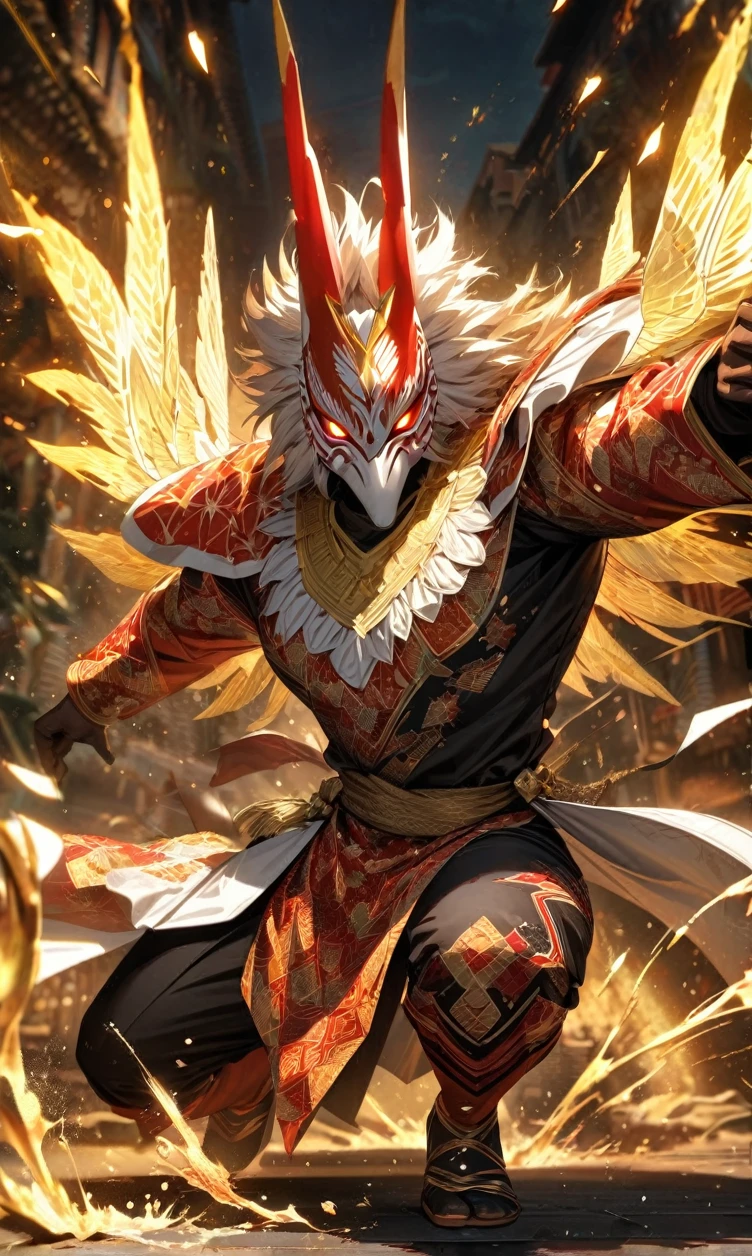 Full body view,absurdres, highres, ultra detailed, HDR, masterpiece, extremely detailed face and eyes,Indonesian Super Hero costume,,red and white Garuda costume, Garuda eagle mask, , Indonesia batik pattern , solo, man, handsome, ,, , Epic fight scene, golden splashing effect, golden effect,glowing glitters