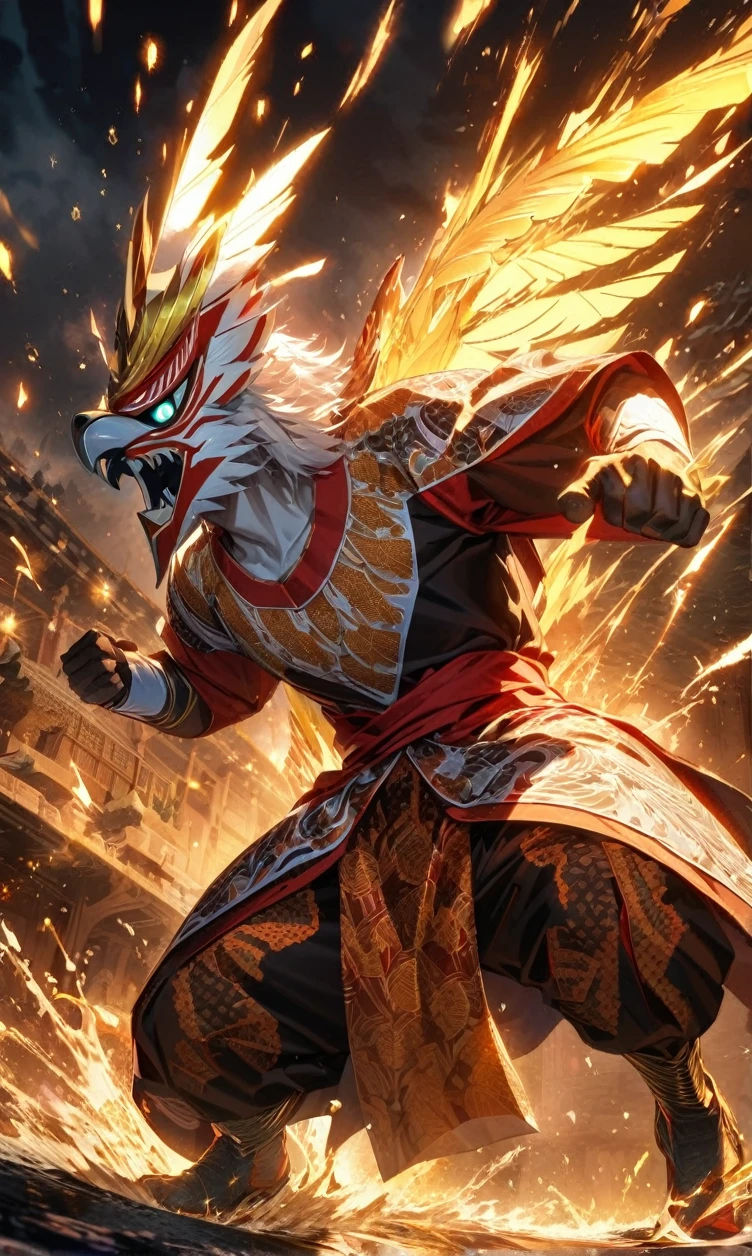 Full body view,absurdres, highres, ultra detailed, HDR, masterpiece, extremely detailed face and eyes,Indonesian Super Hero costume,,red and white Garuda costume, Garuda eagle mask, , Indonesia batik pattern , solo, man, handsome, ,, , Epic fight scene, golden splashing effect, golden effect,glowing glitters