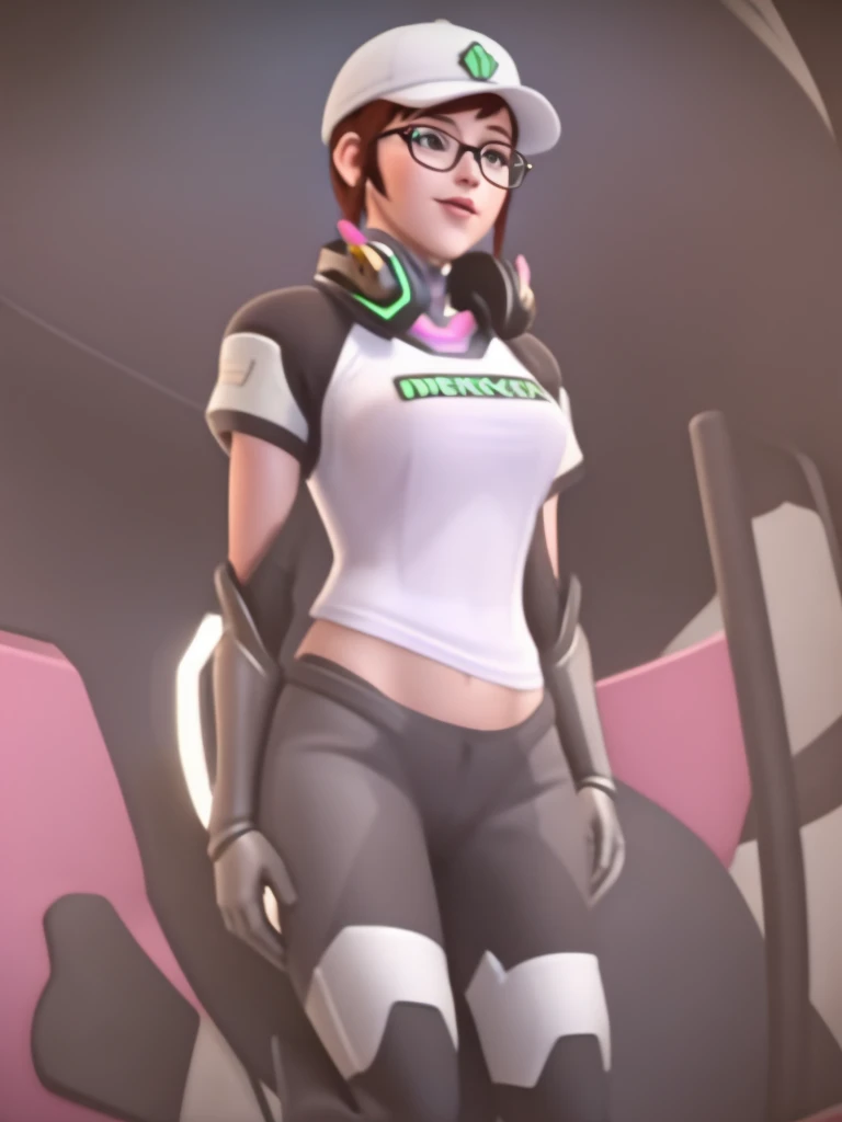 DVA from Overwatch without her roboter, 1 girl solo in her bedroom, a white t shirt, round glasses, tied up short brown hair, nsfw