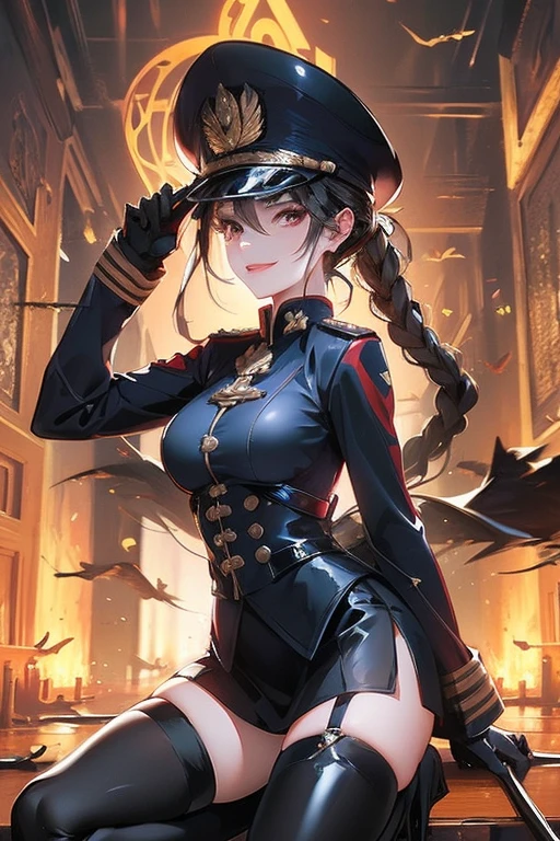 (highest quality,highest quality)、Female Officer、female soldier、uniform、Uniform cap、Mature Woman、NCO、Fallen into evil、female cadres、Exquisite breasts、Bewitching Smile、Villainess、Wicked Smile、latex、Long gloves、Thigh-high boots、Tight Skirt、slit、Strong gloss、Beautiful feet、lure、Venus flytrap、Fascinating
