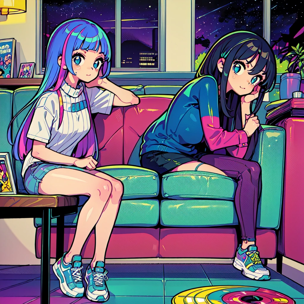 (masterpiece), highest quality, Expressive eyes, Neon pastel aesthetics, Retro 90s, Neon color,((Girl sitting on sofa,In a cozy room,Records hanging on her wall, Comic books on the floor, Looking out the window behind her at the night city, Upholstered room, Anime figures lined up on a shelf)), Wearing headphones, (All around her it sparkles), (wearing thick colorful sneakers), (blue eyes), (Soft look), (Synthwave Art Style), Colorful Hair, Desk with PC set up