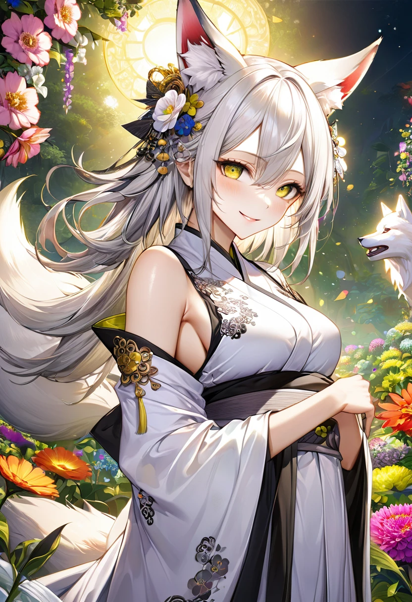 (masterpiece, highest quality, highest quality, Official Art, beautifully、aesthetic:1.2), (1 Men:1.3), (Fractal Art:1.3), highest quality, Realistic, Super detailedな, (Shiny skin:1.4), View Viewer, thin,alone, Silver Hair、Golden Eyes、Dynamic Lighting, High resolution, Sharp focus, Depth of written boundary, Side bust, Fox Ears、animal, Wolf Ears, masterpiece, highest quality, Super detailed, figure, Super detailed face, highest quality face, evil, 30 years old, Adult, Alchemy Outfit, Intricate and elaborate costumes, Sexy pose, Shiny black Hanfu,Digital Art, Detailed drawn eyes, Blushing,(Flower garden background:1.5),smile,(front leg pose:1.5),(上面figure:1.3)