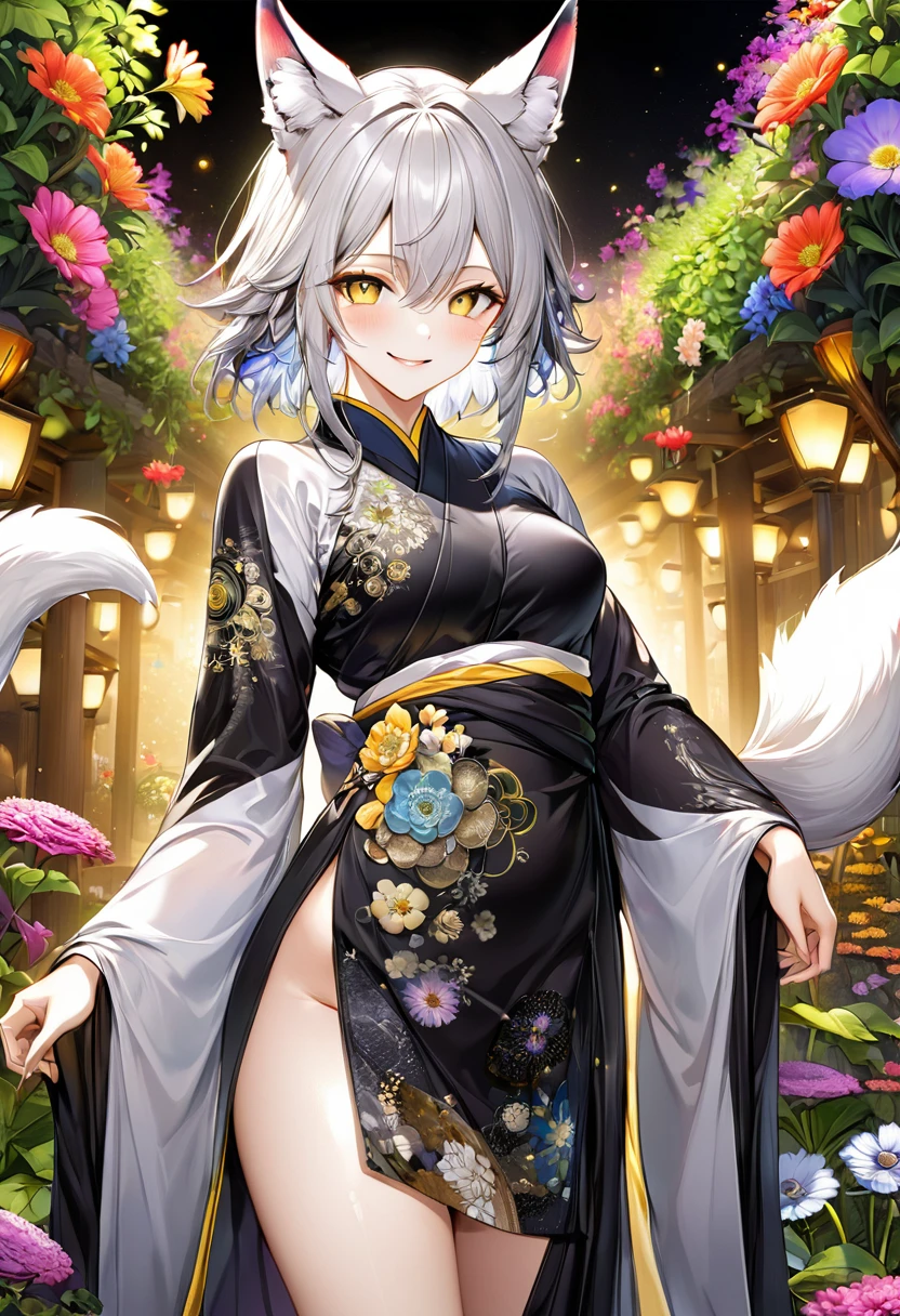 (masterpiece, highest quality, highest quality, Official Art, beautifully、aesthetic:1.2), (1 Men:1.3), (Fractal Art:1.3), highest quality, Realistic, Super detailedな, (Shiny skin:1.4), View Viewer, tall、190 cm、Men with good physique、alone, Silver Hair、Golden Eyes、Dynamic Lighting, High resolution, Sharp focus, Depth of written boundary, Side bust, Fox Ears、animal, Wolf Ears, masterpiece, highest quality, Super detailed, figure, Super detailed face, highest quality face, evil, 30 years old, Adult, Alchemy Outfit, Intricate and elaborate costumes, Sexy pose, Shiny black Hanfu,Digital Art, Detailed drawn eyes, Blushing,(Flower garden background:1.5),smile,(front leg pose:1.5),(上面figure:1.3)
