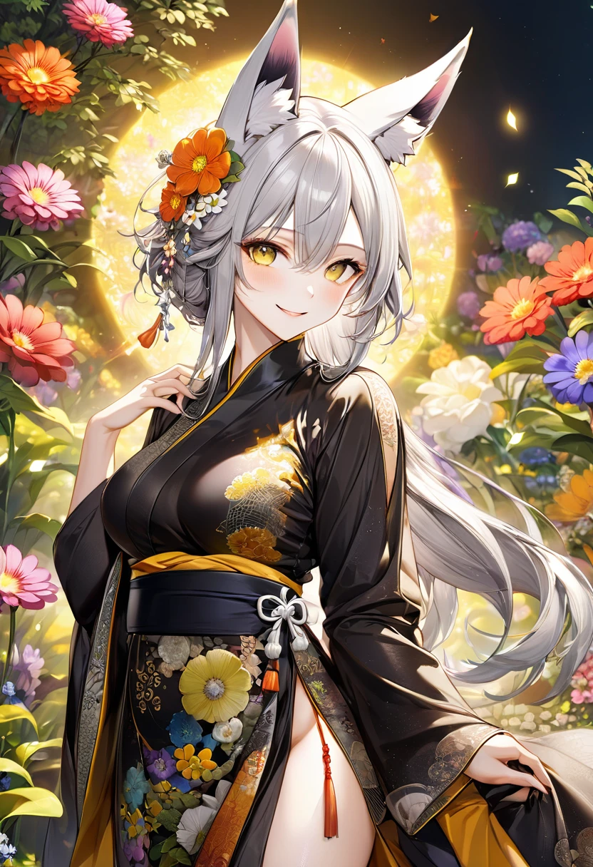 (masterpiece, highest quality, highest quality, Official Art, beautifully、aesthetic:1.2), (1 Men:1.3), (Fractal Art:1.3), highest quality, Realistic, Super detailedな, (Shiny skin:1.4), View Viewer, tall、190 cm、Men with good physique、alone, Silver Hair、Golden Eyes、Dynamic Lighting, High resolution, Sharp focus, Depth of written boundary, Side bust, Fox Ears、animal, Wolf Ears, masterpiece, highest quality, Super detailed, figure, Super detailed face, highest quality face, evil, 30 years old, Adult, Alchemy Outfit, Intricate and elaborate costumes, Sexy pose, Shiny black Hanfu,Digital Art, Detailed drawn eyes, Blushing,(Flower garden background:1.5),smile,(front leg pose:1.5),(上面figure:1.3)