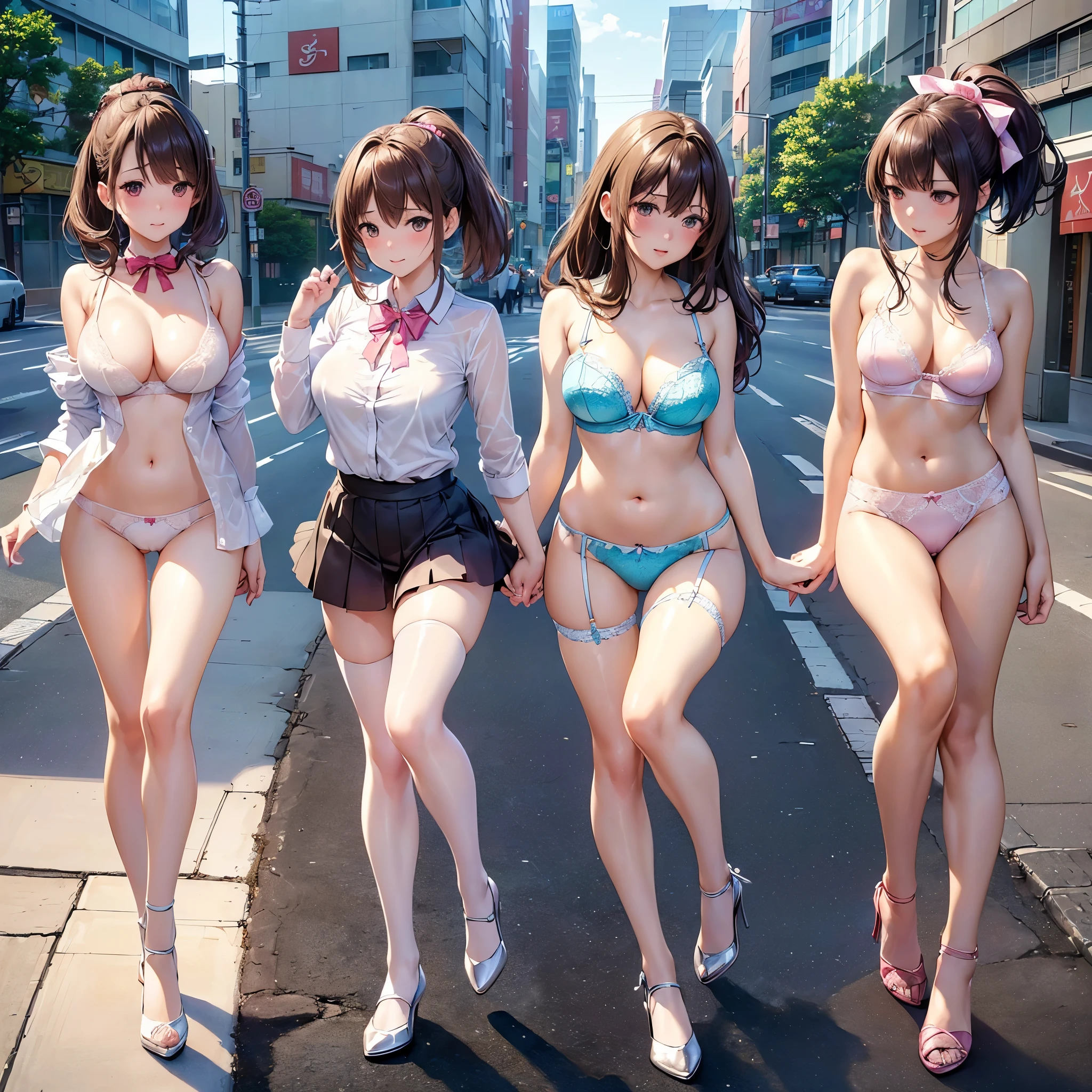 ((一人のIn underwearの女性はセクシーにOffice corridorを歩いている:1.4), Beautiful Anime Women, Beautiful art style, Anime characters, ((Smooth texture, Realistic texture, Anime CG Style)), ((Highest quality)), (Very detailed), (Very detailed CG 統合 8k 壁紙), Very detailed, High-resolution RAW color photos, Professional photography, Brown Hair, Stylish hairstyle, Great face and eyes, Beautiful and big breasts, Slender body, (Stunningly beautiful woman), (Detailed face:1.2), (Office corridor, (Many business people walking down the corridor:1.2), There is a window in the hallway:1.3), ((Bow tie around neck:1.3), (Black high heels:1.1), (Employee ID card worn around the neck:1.5), (Sexy and cute blue underwear:1.3), (Stylish shiny blue satin panties, Side-tie panties, Panties with plain blue center and lace decoration on the sides:1.3), (Thin panties:1.3), (Blue micro lace satin bra, Blue bra with lace trim, Thin bra:1.3), (lace garter belt, Garter Strings, Knee socks:1.3):1.3), naked, In underwear, In underwearのオフィスレディ, Exact number of arms, Exact number of legs, Perfect Anatomy, (Embarrassed expression, Surprised expression), Angle from the front, Exact finger count、Exact number of legs、(Exact number of arms:1.0, Exact number of hands:1.0), (Perfect hands, Perfect Anatomy)