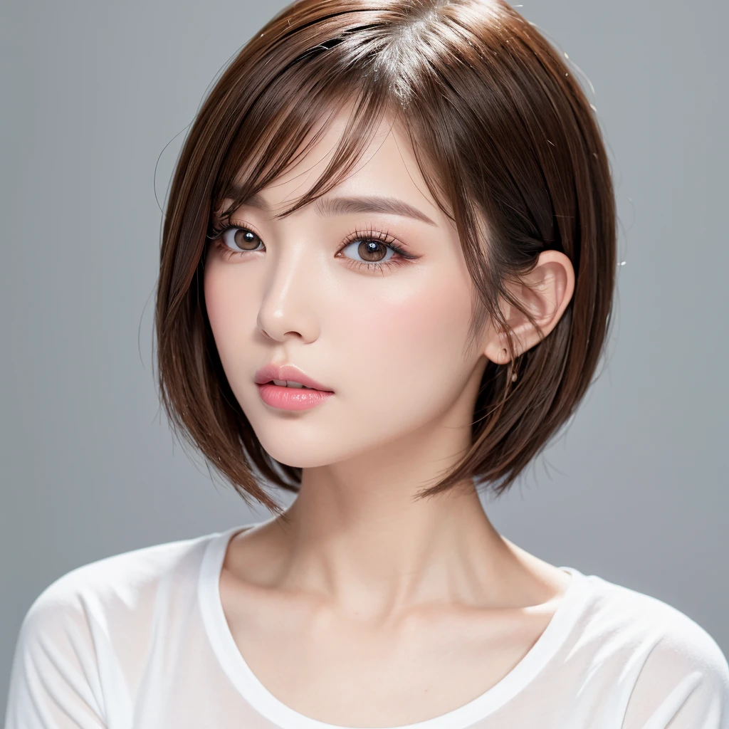 (highest quality、Tabletop、8k、Best image quality、Award-winning works)、((profile))、Look Down、ear、((short hair:1.46)),(Brown Hair)、(White casual shirt:1.2)、(The simplest pure white background:1.3)、(Perfectly fixed in front:1.1),(Portrait with space:1.2)、Beautiful and detailed、Perfect Makeup、Ultra-high definition beauty face、Ultra HD Hair、Ultra-high definition sparkling eyes、Ultra-high quality glossy lips、Accurate ???????、Very beautiful skin、(Pure white skin shining in ultra-high resolution:1.1)、(Very bright:1.2),Big Natural Color Lip、Lip gloss,Harajuku、cute、cute美人