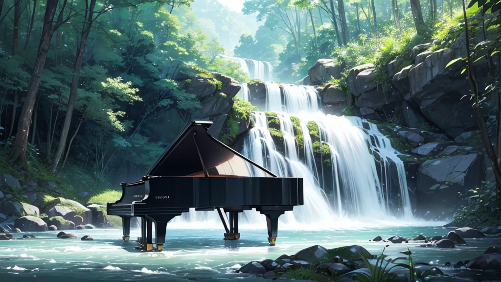 A grand piano on the bank near a stream flowing from a waterfall、White splashes are rising、In the forest of fresh greenery、A big black grand piano placed by the river、Makoto Shinkai-style anime illustrations、A rough illustration style、