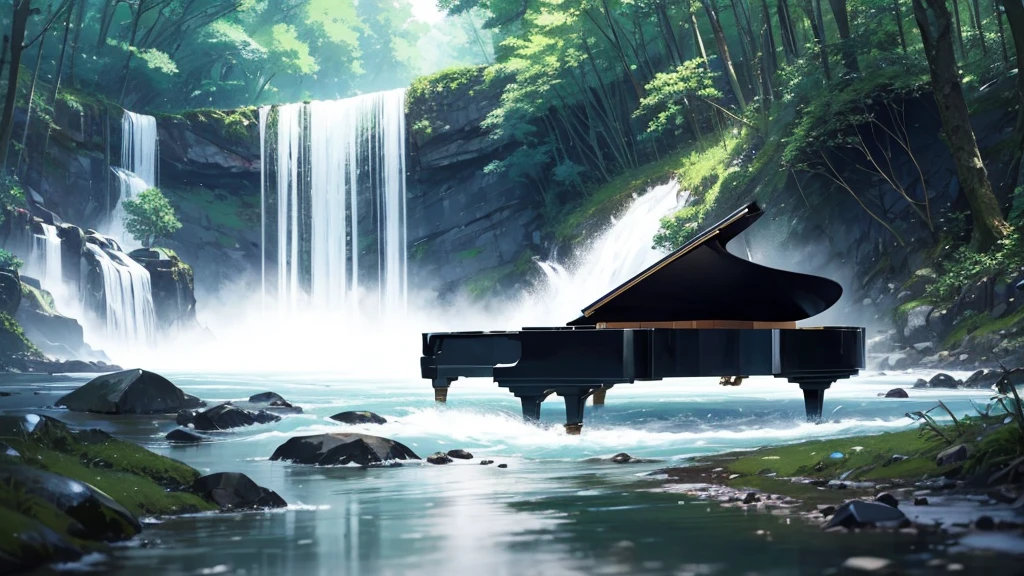 A grand piano on the bank near a stream flowing from a waterfall、White splashes are rising、In the forest of fresh greenery、A big black grand piano placed by the river、Makoto Shinkai-style anime illustrations、A rough illustration style、
