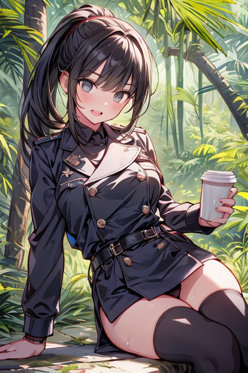 highest quality、(real、photorealistic:1.4)、(RAW photo:1.2,(Curve,Model,glamor:1.5),Beautiful breasts,(from below:1.2),(from side:0.9), ((Face)), (Close-Up:0.4), ((looking at viewer, holding a cup of coffee)), highest quality、(real、photorealistic:1.4)、(RAW photo:1.2),highest quality,(masterpiece),(((Whole body image))),(a 18yo girl), (Highly detailed face),Slightly round face, (Tan brown face:1.0), Boyish beauties, beautiful face, Beautiful lips,Baby Face,(Big eyes),((black,hair,long pony tail hair)),thin pubic hair,cute,lovely,(strong silver hair:1.2),(blunt bangs),(Brown skin:1.0),(Military uniform, bulletproof jacket),nice companion,delicate body、thin legs,beautiful black dress,black gloves, black thighhighs, white panties,(double breasted,under bust:1.2)in the kitchen Woman in survival mode,Sexy thighs,Heat,Sweat heavily,Tropical forests,During a break,sit cross-legged on the ground,The way the light shines is beautiful, Beautiful buttocks,(with sparkling eyes and a contagious smile),little open mouth,black suspenders,Bulging big,breasts,walls: Black miniskirt,garters,Gaze,Small face,bangss,holster,Beautuful Women,hands up,leg holster,Gaze,black boots panty shot, provocation,flank,flank sweat soio,arm,,narrow waist,(with sparkling eyes and a contagious smile),her thin pubic hair, looking at viewer, pose muy sexy"
