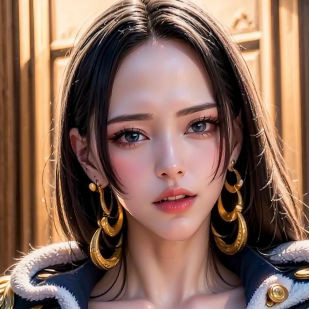 (masterpiece), (highest quality), (Realistic), Nikon RAW Photos, Fujifilm XT3,  (detailed, A 21-year-old young female captain, Big eyes, snake gold earrings, avert your eyes), Sensual, (ultra detailed), 8k, 4K, Complex, upper_body, detailed_face, Best lighting, 屋outside, compensate, Bleach Background, Low rise,(masterpiece, highest quality:1.4), (face focus:1.5), outside, (Close to the sea), One girl, alone, Hancock 1, One girl, Boa Hancock, Big Breasts, Cleavage, Long Hair, Epaulettes, Cape, (white Cape:1), Crop top, Long sleeve, Side slits, (Young European Woman:1), View your viewers, Beautiful smile, beautiful face, highly detailed face, highly detailed eyes, subsurface scattering, Realistic pupils, full face blush, Fuller lips, detailed background, Depth of written boundary, Volumetric lighting, Sharp focus, Absurd, Realistic proportions, (Realistic, hyperRealistic:1.4), 16K HDR
