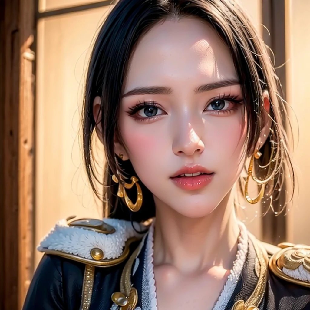 (masterpiece), (highest quality), (Realistic), Nikon RAW Photos, Fujifilm XT3,  (detailed, A 21-year-old young female captain, Big eyes, snake gold earrings, avert your eyes), Sensual, (ultra detailed), 8k, 4K, Complex, upper_body, detailed_face, Best lighting, 屋outside, compensate, Bleach Background, Low rise,(masterpiece, highest quality:1.4), (face focus:1.5), outside, (Close to the sea), One girl, alone, Hancock 1, One girl, Boa Hancock, Big Breasts, Cleavage, Long Hair, Epaulettes, Cape, (white Cape:1), Crop top, Long sleeve, Side slits, (Young European Woman:1), View your viewers, Beautiful smile, beautiful face, highly detailed face, highly detailed eyes, subsurface scattering, Realistic pupils, full face blush, Fuller lips, detailed background, Depth of written boundary, Volumetric lighting, Sharp focus, Absurd, Realistic proportions, (Realistic, hyperRealistic:1.4), 16K HDR
