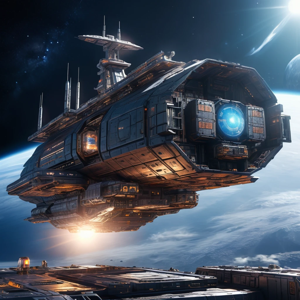 An extraordinary 3D render of a futuristic and utilitarian spacecraft, featuring a diverse array of modules and containers. The ship design is
a mix of cyberpunk and anime aesthetics, with prominent metallic textures, visible bolts and connectors, and intricate structural elements. The background showcases a vast, starry cosmos with planetary systems, and the ship appears to be moving gracefully through the celestial expanse. The overall atmosphere of the image is conceptual and immersive, capturing the essence of space exploration and adventure., anime, 3d render, conceptual art
