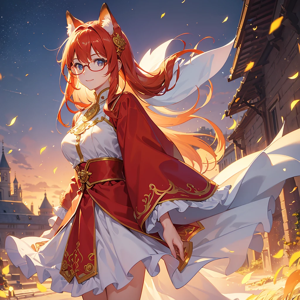 ((Best quality)), ((masterpiece)), (detailed), best quality，8k，original photo，This is a perfect face，Red Fox Maiden，touch fox，Castle Background， Liveliness. Carefree happy joy bokeh background. Quiet aesthetics. Soft lighting. Artistic Lighting. Gold frame glasses