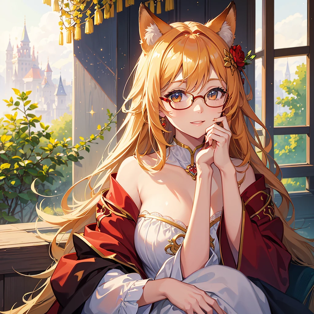 ((Best quality)), ((masterpiece)), (detailed), best quality，8k，original photo，This is a perfect face，Red Fox Maiden，touch fox，Castle Background， Liveliness. Carefree happy joy bokeh background. Quiet aesthetics. Soft lighting. Artistic Lighting. Gold frame glasses