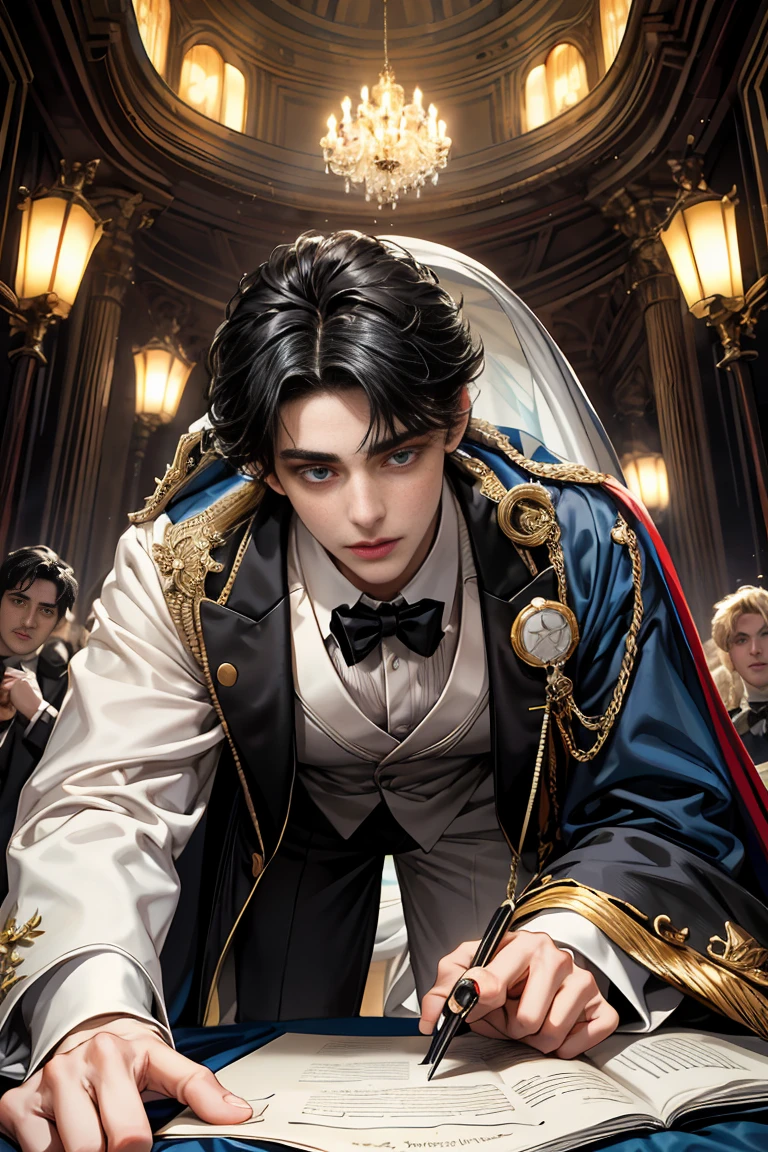 masterpiece, 最high quality, high quality, 1 boy, alone, Male focus, Watching the audience, Messy black hair, Adorable big blue eyes, White, Noble, Noble,Sexy voluminous cape、Tuxedo、A very voluminous, large, very large, very large, long, long red and black cape with a high stand-up collar, reaching down to the floor, made of a lot of fabric., ,Cute beautiful boys,Cute, cute, kind, handsome guy