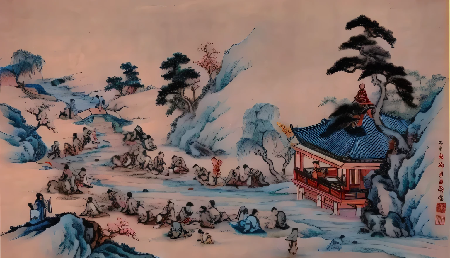 Chinese watercolor,Depicts a group of people sitting on a hill, traditional Chinese painting, 古Chinese painting, Chinese Art Style, Chinese painting style, Chinese style, Chinese painting, Chinese Tradition Art, Tradition, Chinese watercolor画,author:Wang Lu, Tradition Chinese ink painting, Emperor Xuande, author:Li Di, Qing Dynasty, Tradition Japanese painting