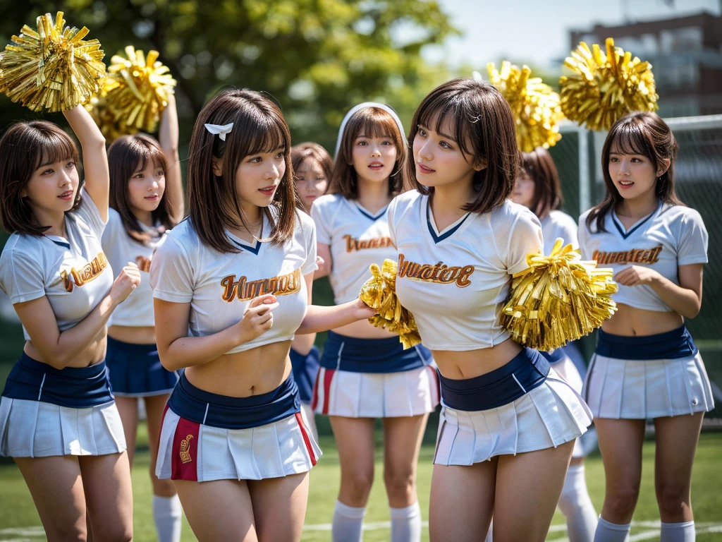 (RAW photo, 4k, masterpiece, high resolution, extremely complex) (realistic: 1.4), cinematic lighting
((2 girls, 2 schoolgirls)),blushing,((innocent)),bright eyes,round eyes,blunt bangs,(short bob hair:1.3),black hair,large breasts,wide hips,Summer Noon, ,Hot, (Best Quality), (Highres), (an Extremely Delicate and Beautiful),(Beautiful 8k face),(Brown eyes),( spectators),(gigantic breasts),(Play with each other,Touching each other's bodies,Touching the body),(cheer girl:1.5),(a miniskirt),(reality),bright lighting,(The background is a luxury hotel room)
