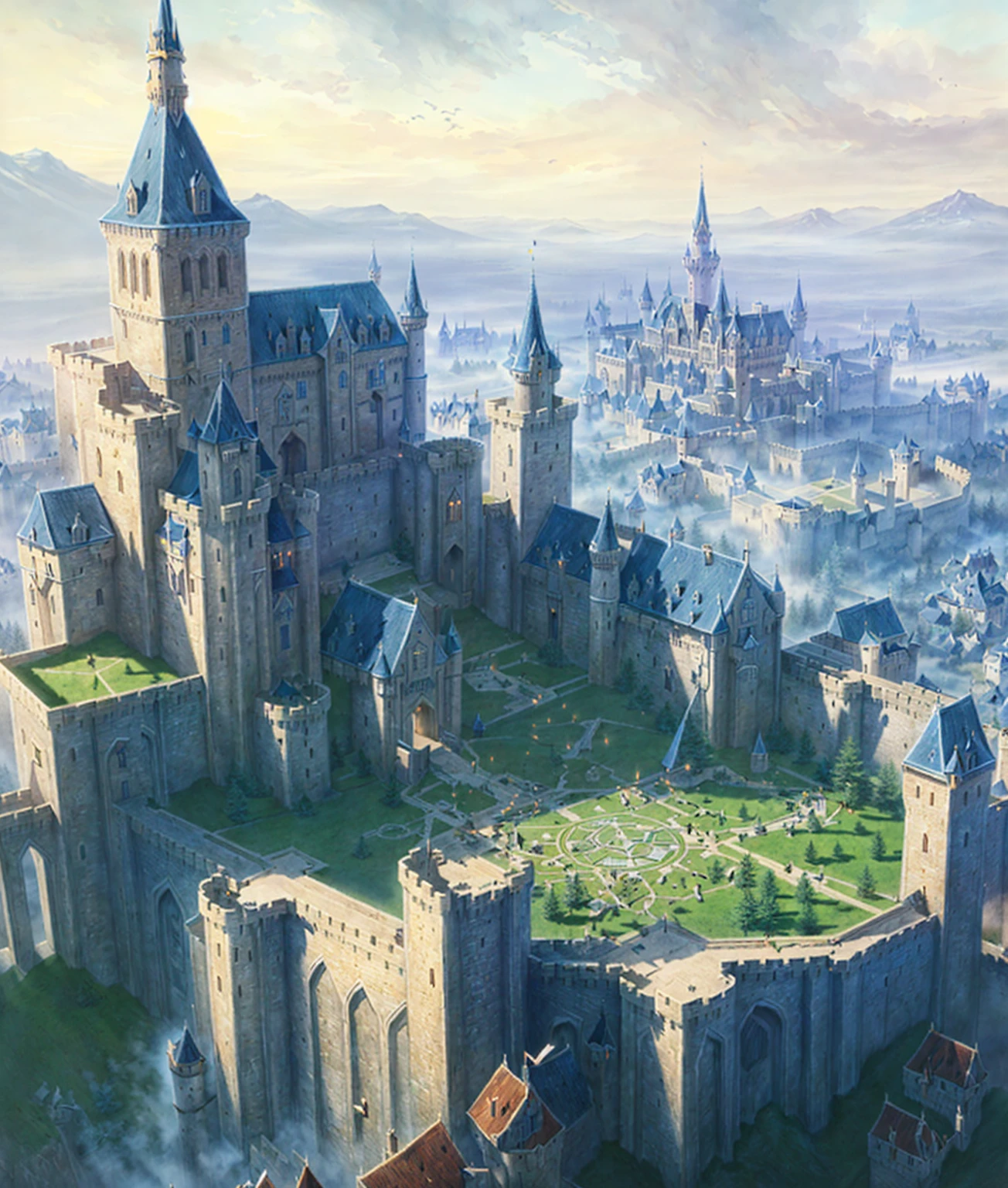There is a castle，There is a square in the middle, Many people in the square，Epic castle with tall spire, high Dream Castle, Epic Fantasy Card Game Art, Medieval Fantasy Game Art, Castle Background, Fantasy Card Game Art, clearly, Concept art is very detailed, Dream Castle, Medieval Concept Art, Fantasy concept art, fantasy capital, Medieval fantasy town, Huge castle