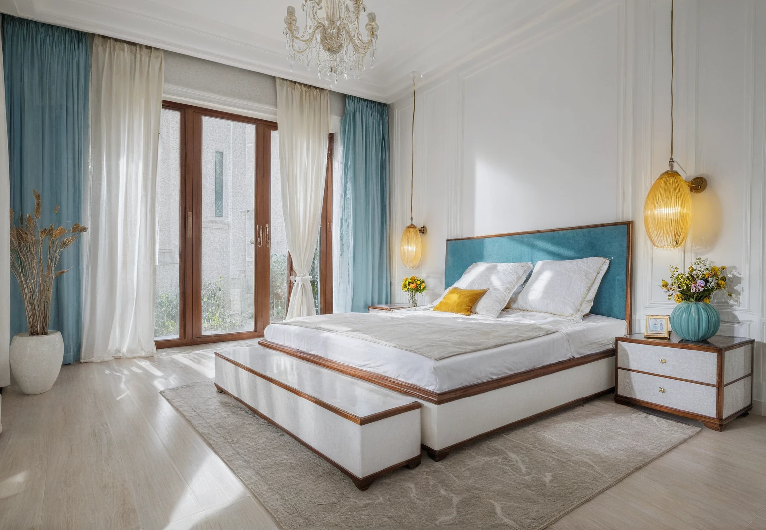 Raw photo,Masterpiece, high quality, best quality, authentic, super detail, 
interior, indoors,living room, neoclassic style , bed, cabinet, lamp, rug, windows, curtains, bookshelf, bright tone, white wall
, (daylight:1.1), vivid colour, (realistic:1.2),JJ's Interior