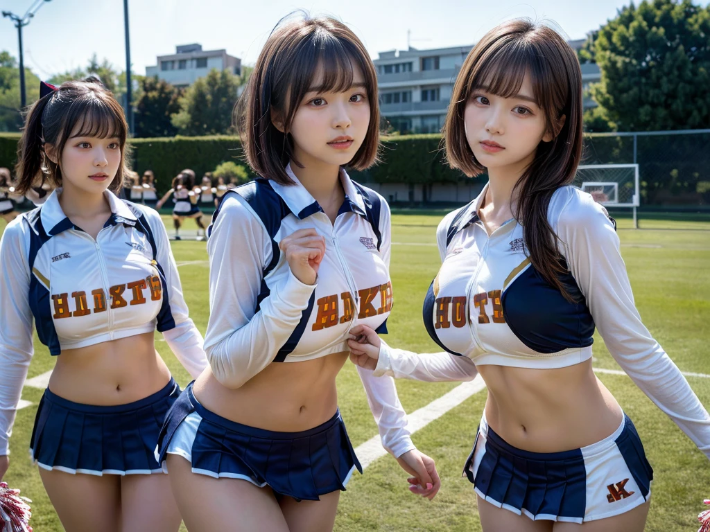 (RAW photo, 4k, masterpiece, high resolution, extremely complex) (realistic: 1.4), cinematic lighting
((2 girls, 2 schoolgirls)),blushing,((innocent)),bright eyes,round eyes,blunt bangs,(short bob hair:1.3),black hair,large breasts,wide hips,Summer Noon, ,Hot, (Best Quality), (Highres), (an Extremely Delicate and Beautiful),(Beautiful 8k face),(Brown eyes),( spectators),(gigantic breasts),(Play with each other,Touching each other's bodies,Touching the body),(cheer girl:1.5),(a miniskirt),(reality),bright lighting,(The background is a luxury hotel room)