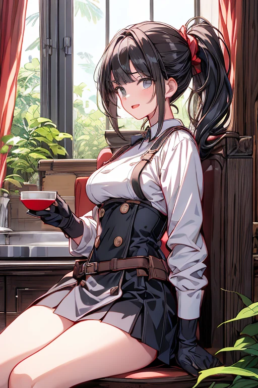 masterpiece, best quality, hi-res, aki1, isayoiaki, solo, gloves, elbow gloves, chest, jewelry, cleavage, choker, necklace, black thighs, black gloves, big,sitting, cross-legged, café, table, cup, indoors,