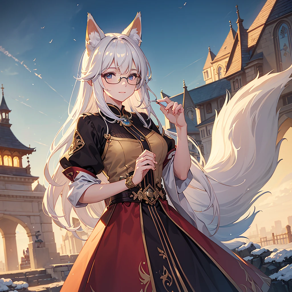 ((Best quality)), ((masterpiece)), (detailed), best quality,8k,original photo,This is a perfect face,Fox-eared maiden,touch fox,Castle Background, Liveliness. Carefree happy joy bokeh background. Quiet aesthetics. Soft lighting. Artistic Lighting. wearing glasses