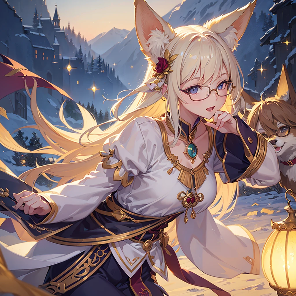 ((Best quality)), ((masterpiece)), (detailed), best quality，8k，original photo，This is a perfect face，Fox-eared maiden，touch fox，Castle Background， Liveliness. Carefree happy joy bokeh background. Quiet aesthetics. Soft lighting. Artistic Lighting. wearing glasses