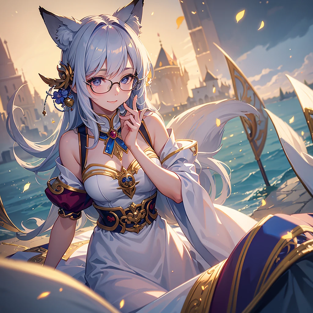 ((Best quality)), ((masterpiece)), (detailed), best quality,8k,original photo,This is a perfect face,Fox-eared maiden,touch fox,Castle Background, Liveliness. Carefree happy joy bokeh background. Quiet aesthetics. Soft lighting. Artistic Lighting. wearing glasses