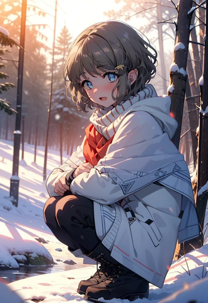 tomoekoga, Chie Koga, short hair, Brown Hair, blue eyes, hair band,smile,blush,White Breath,Mid-chest,
Open your mouth,snow,Ground bonfire, Outdoor, boots, snowing, From the side, wood, suitcase, Cape, Blurred, having meal, forest, White handbag, nature,  Squat, Mouth closed, Cape, winter, Written boundary depth, Black shoes, red Cape break looking at viewer, Upper Body, whole body, break Outdoor, forest, nature, break (masterpiece:1.2), highest quality, High resolution, unity 8k wallpaper, (shape:0.8), (Beautiful and beautiful eyes:1.6), Highly detailed face, Perfect lighting, Highly detailed CG, (Perfect hands, Perfect Anatomy),