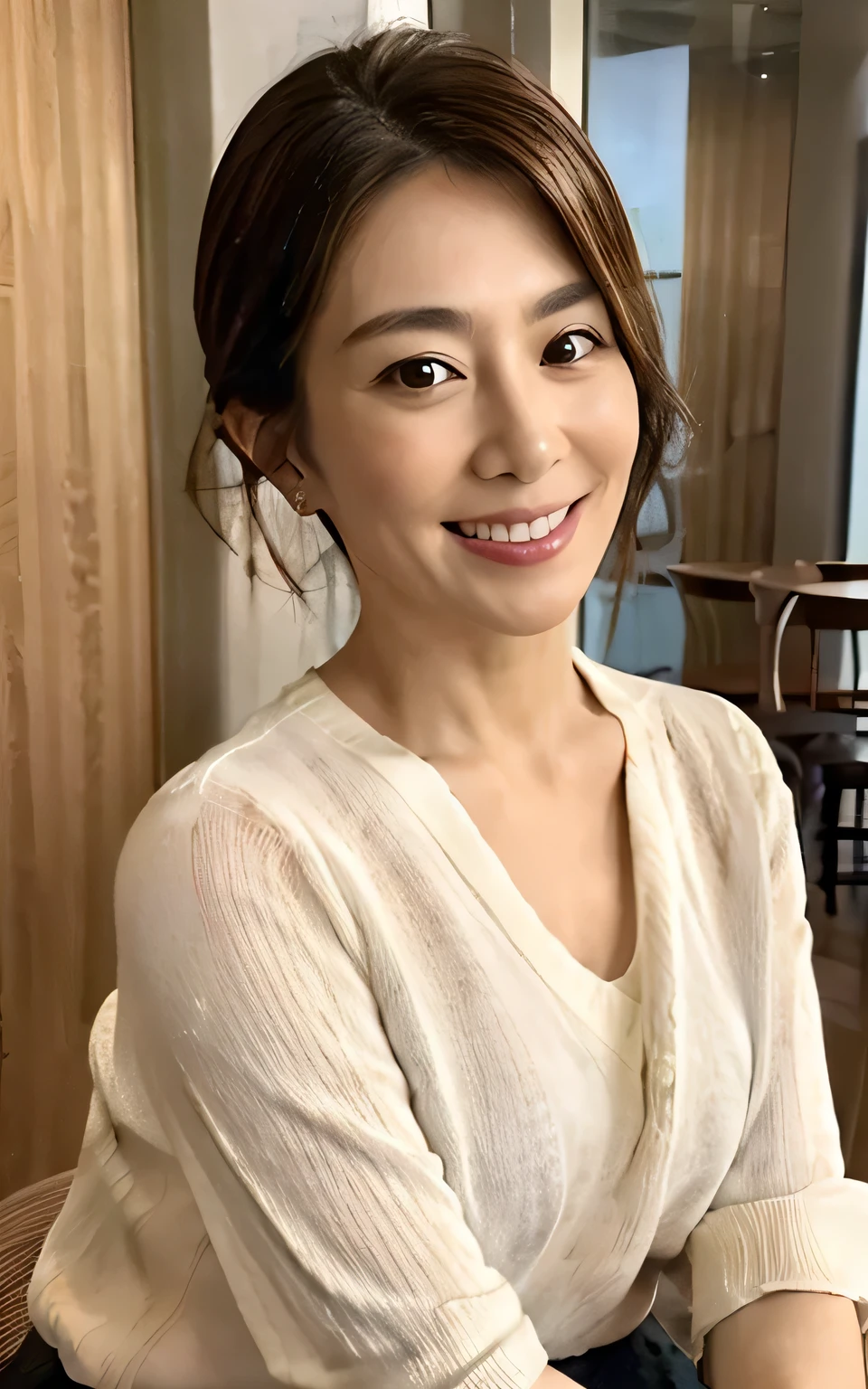 ((highest quality, 8k, Tabletop :1.3)), Sharp focus :1.2, Beautiful mature woman, 45age, Mature Woman, ((Loose knit shirt)), Down blouse, ((Leaning forward)), (Huge breasts), (smile:1.15), Highly detailed face and skin texture, Fine grain, (Round face:1.4), Japanese、Photographing the whole body from a distance 2.0