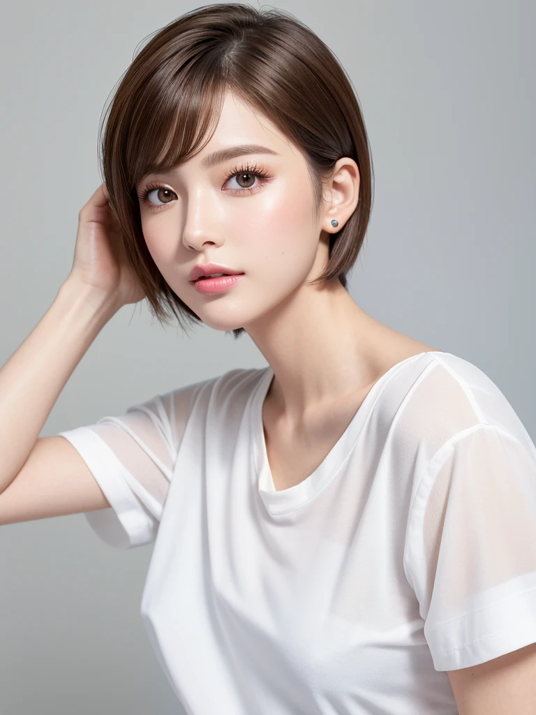 (highest quality、Tabletop、8k、Best image quality、Award-winning works)、((profile))、Look Down、ear、((short hair:1.46)),(Brown Hair)、(White casual shirt:1.2)、(The simplest pure white background:1.3)、(Perfectly fixed in front:1.1),(Portrait with space:1.2)、Beautiful and detailed、Perfect Makeup、Ultra-high definition beauty face、Ultra HD Hair、Ultra-high definition sparkling eyes、Ultra-high quality glossy lips、Accurate anatomy、Very beautiful skin、(Pure white skin shining in ultra-high resolution:1.1)、(Very bright:1.2),Big Natural Color Lip、Lip gloss,Harajuku、cute、cute美人