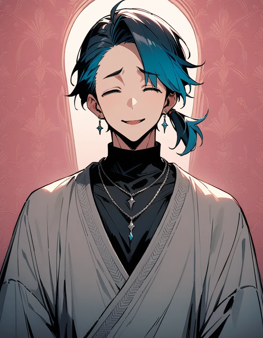 ((((best masterpiece, best quality, wallpaper,)))) solo, 1male, 30 years old, handsome man, medium long shot, view straight on, looking at viewers, beautiful detailed, longuette,mediumturquoise hair, Lower short ponytail, asymmetrical bangs, ((((^o^, closed eyes, ,tareme, droopy eyes,)))) sharp nose, seductive smile, clear face, black turtleneck, grey cardigan, （silver earrings, silver necklace,） leggings, Clothes, lighting back, backlighting, pink background color,