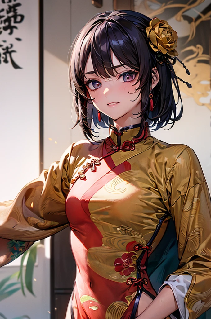 (Anatomia perfeita,maximum quality、Ultra high definition、high resolution、extremamente detalhes CG、8k unity wallpapers),tiro de vaqueiro,retrato,1 mulher,Sozinho,beleza de 20 anos,Japanese,((lindos olhos detalhados)),olhos castanhos,sorriso,,cabelo castanho,cabelo longo,franja,((vestido cheongsam preto curto、Sem manga、fenda profunda)),pose de luta、A postura de Kouo、Kung Fu Dojo、luz solar natural、