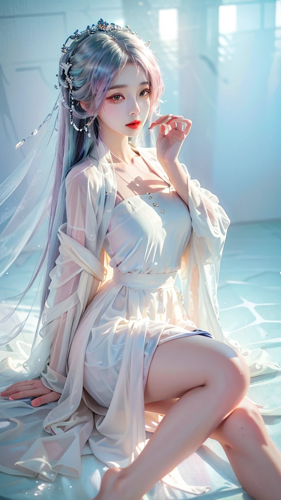 ((Shot in the knee)),（masterpiece、best quality、high resolution），（Color Background，（Splash of Color）），Sweet girl，Light blue and white medium length hair，[Light Blue|pink]hair，curls，Shiny，红pink的嘴唇，The cracks are relatively large，Splash of Color，Volumetric Lighting，Full breasts, elegant gesture, Sexy slender legs