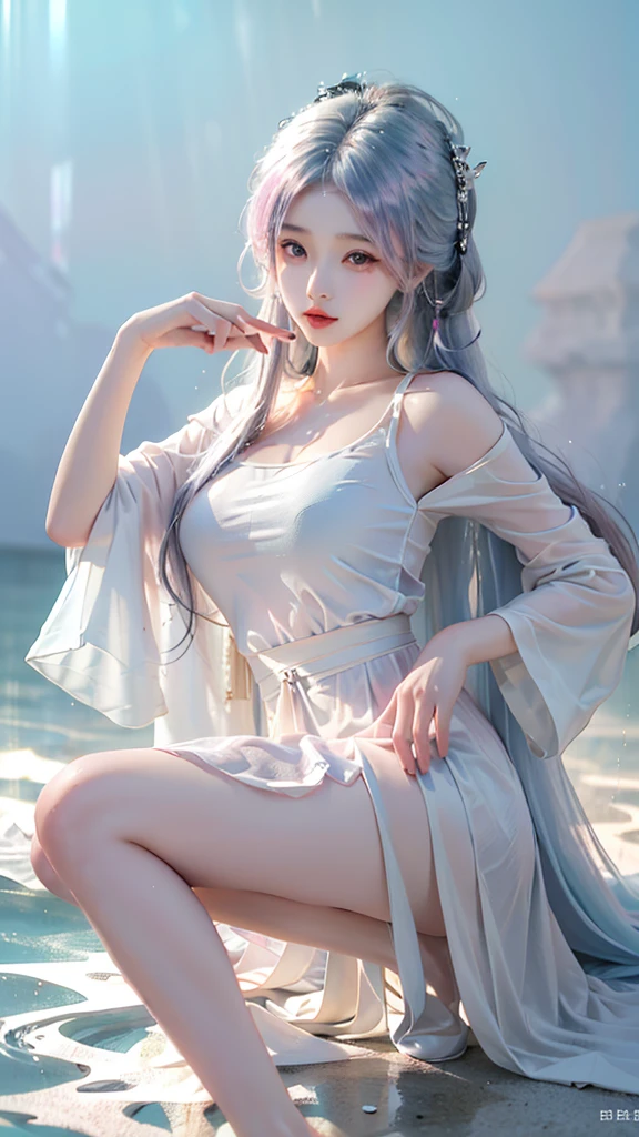 ((Shot in the knee)),（masterpiece、best quality、high resolution），（Color Background，（Splash of Color）），Sweet girl，Light blue and white medium length hair，[Light Blue|pink]hair，curls，Shiny，红pink的嘴唇，The cracks are relatively large，Splash of Color，Volumetric Lighting，Full breasts, elegant gesture, Sexy slender legs