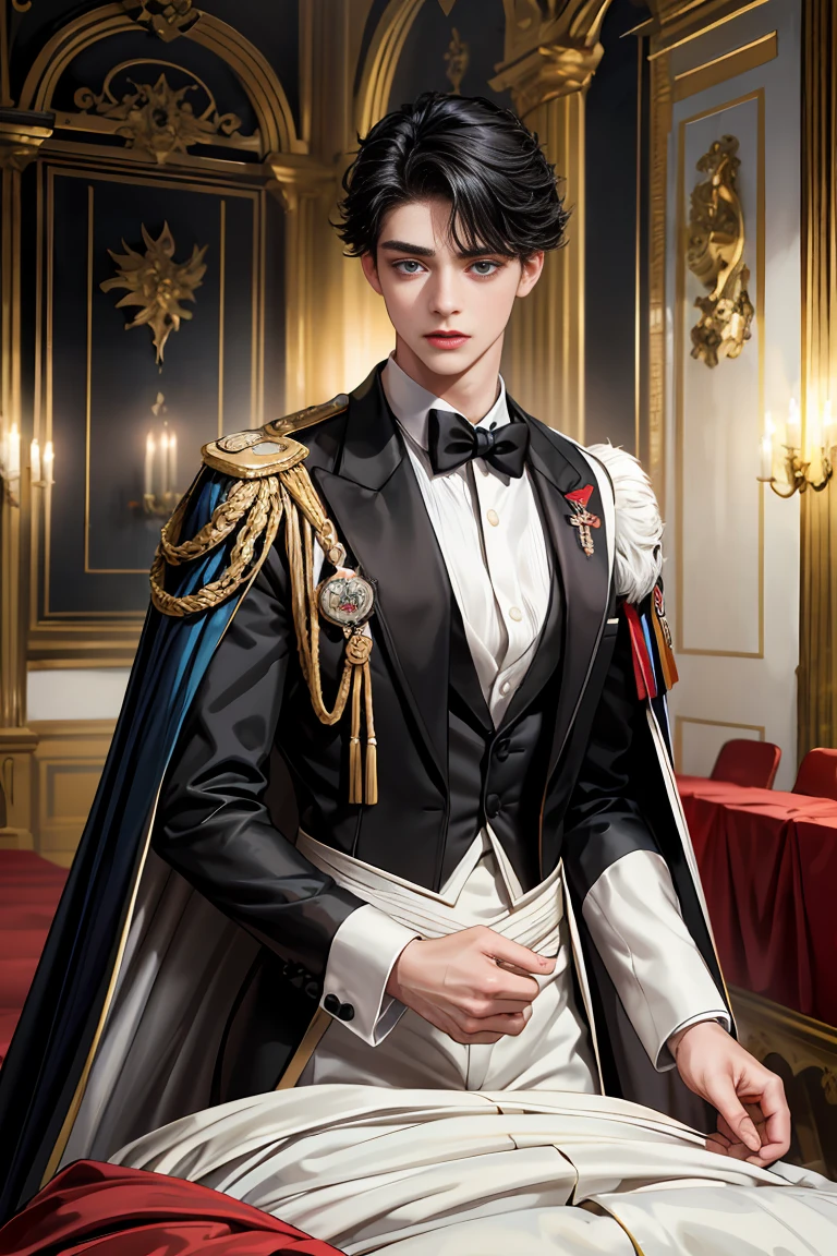
masterpiece, 最high quality, high quality, 1 boy, alone, Male focus, Watching the audience,  Messy black hair, Adorable big blue eyes, White, Noble, Noble,Sexy voluminous cape、Tuxedo、A very voluminous, large, very large, very large, long, long red and black cape with a high stand-up collar, reaching down to the floor, made of a lot of fabric., 17 years old,Cute beautiful boys,Cute, cute, kind, handsome guy