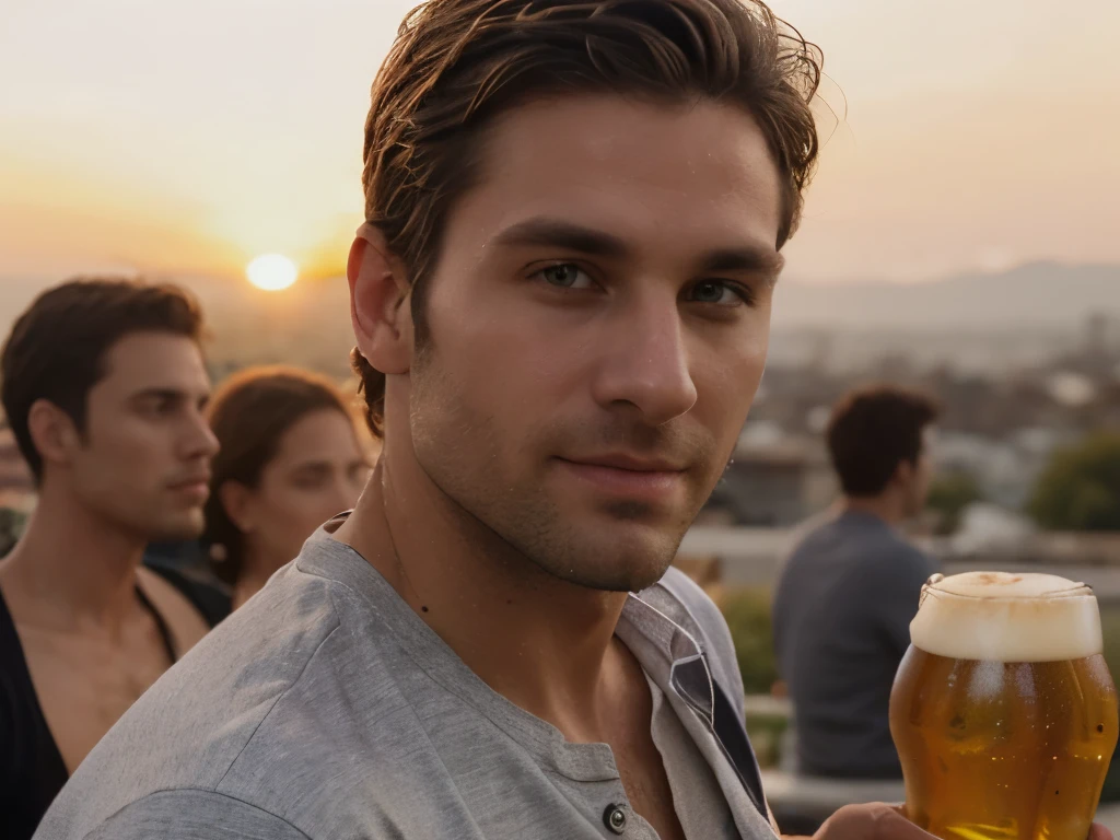 (((zoom out, handsome 35 year old desirable caucasian man with distinguished features, having a beer with friends at sunset))), (gray shirt, light brown medium length hair, cropped sides, clean shaved face, intriguing green eyes), athletic build, seductive smile with gentle expression, detailed depiction of facial features, perfectly symmetrical face, golden hour lighting masterfully accentuates his excellent features