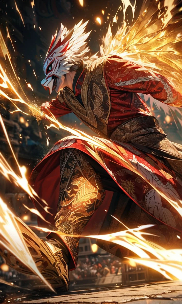 Full body view,absurdres, highres, ultra detailed, HDR, masterpiece, extremely detailed face and eyes,Indonesian Super Hero costume,,red and white Garuda costume, Garuda eagle mask, , Indonesia batik pattern , solo, man, handsome, ,, , Epic fight scene, golden splashing effect, golden effect,glowing glitters