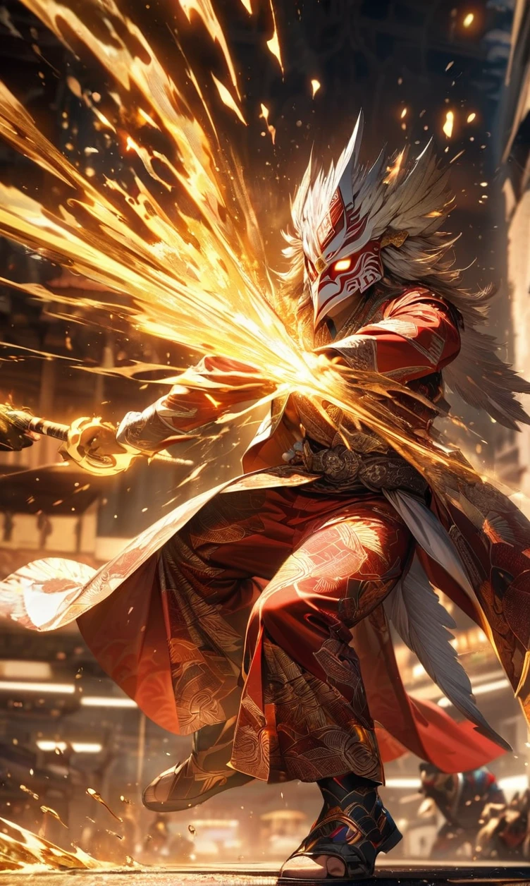 Full body view,absurdres, highres, ultra detailed, HDR, masterpiece, extremely detailed face and eyes,Indonesian Super Hero costume,,red and white Garuda costume, Garuda eagle mask, , Indonesia batik pattern , solo, man, handsome, ,, , Epic fight scene, golden splashing effect, golden effect,glowing glitters
